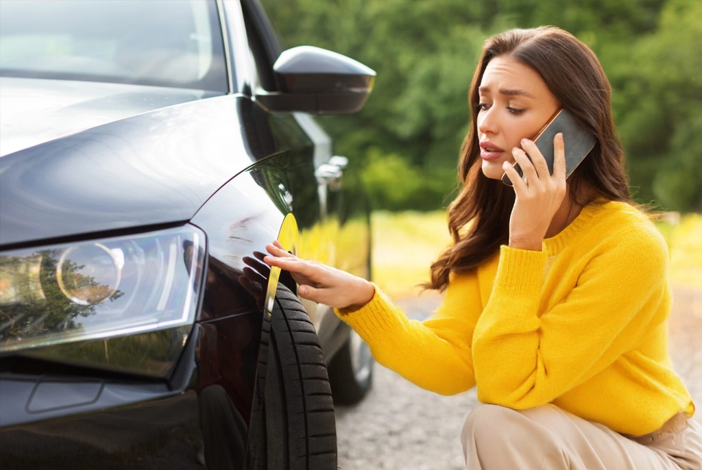 Fahrzeughalterin telefoniert nach einem Unfall für kostenlose Erstberatung mit dem Kfz-Sachverständigenbüro Gutbach in Hagen