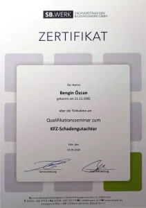 Zertifikat über die Teilnahme am Qualifikationsseminar zum Kfz-Schadengutachter von Bengin Özcan