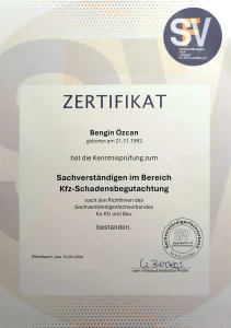 Zertifikat über die bestandene Kenntnisprüfung im Bereich Kfz-Schadensbegutachtung von Bengin Özcan