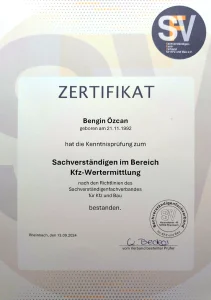 Zertifikat für Bengin Özcan über die bestandene Kenntnisprüfung im Bereich Kfz-Wertermittlung