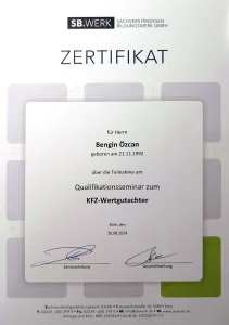 Zertifikat über die Teilnahme am Qualifikationsseminar zum Kfz-Wertgutachter von Bengin Özcan